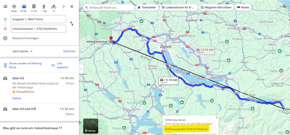 Distance measuring in Google Maps between two coordinates in Switzerland